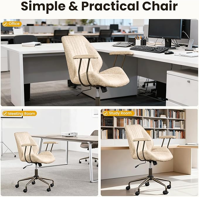 Home Office Desk Chair, Mid-Century Modern Office Chair with Adjustable Lumbar Support, Adjustable Height Executive Task Chair with 360 Rolling Swivel for Meeting Study Room(Mid Back, Beige)