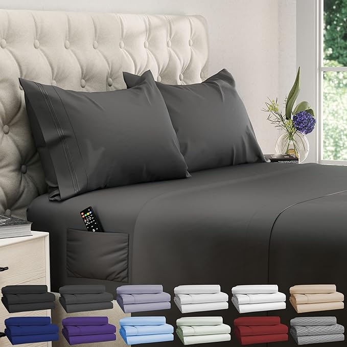 DREAMCARE California King Sheet Sets - Cooling Bed Sheets - 4pcs Set - up to 15" Deep Pocket Cal King Sheets - California King Sheets - Soft & Lasting 100% Brushed Polyester with Side Pocket - Gray DREAMCARE