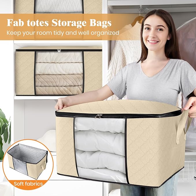 Fab totes 4 Pack Clothes Storage, Foldable Thick Fabric Blanket Storage Bags, Containers for Organizing Bedroom, Closet, Clothing, Comforter, Organization with Handle,Beige