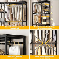 Homykic Bamboo Clothes Rack Garment Rack for Hanging Clothes, Heavy Duty Clothing Rack with 7 Tiers Adjustable Shelves, Double Rods, 4 Hooks, Freestanding Closet System Organizer Wardrobe, Black