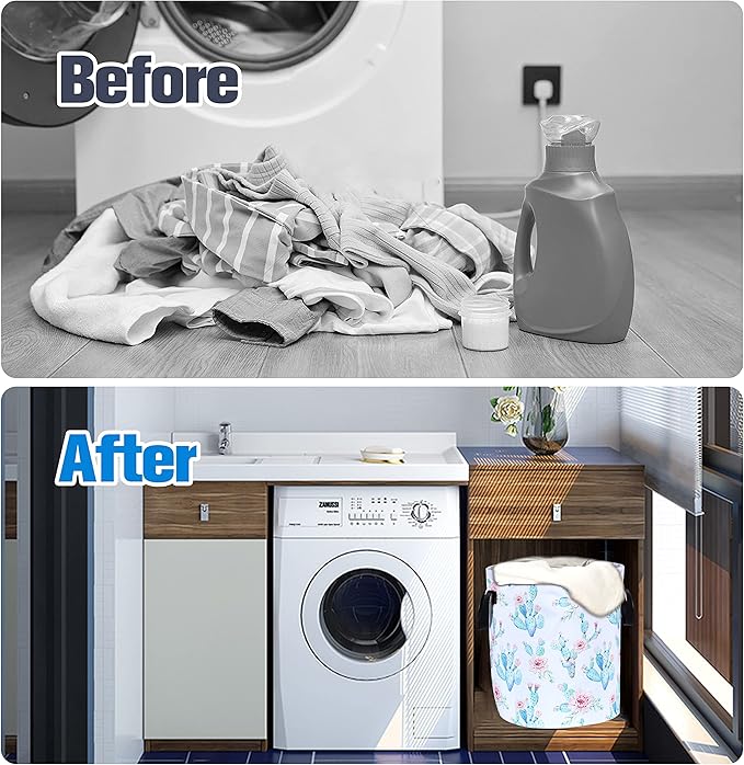 Cactus Flowers Laundry Basket Pink Floral Foldable Oxford Cloth Funny Tote Bag Laundry Hamper Clothes Storage Bucket Organizer For Bathroom/Laundry Storage/Bedroom 17.7x13.7 Inch