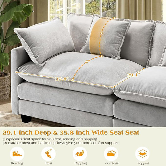 113.4" Modular Sectional Sofa,Cloud Couch for Living Room, Modern Deep Seat Sofa 3 Seater Chenille Fabric Comfy Couches with Throw Pillows for Apartment