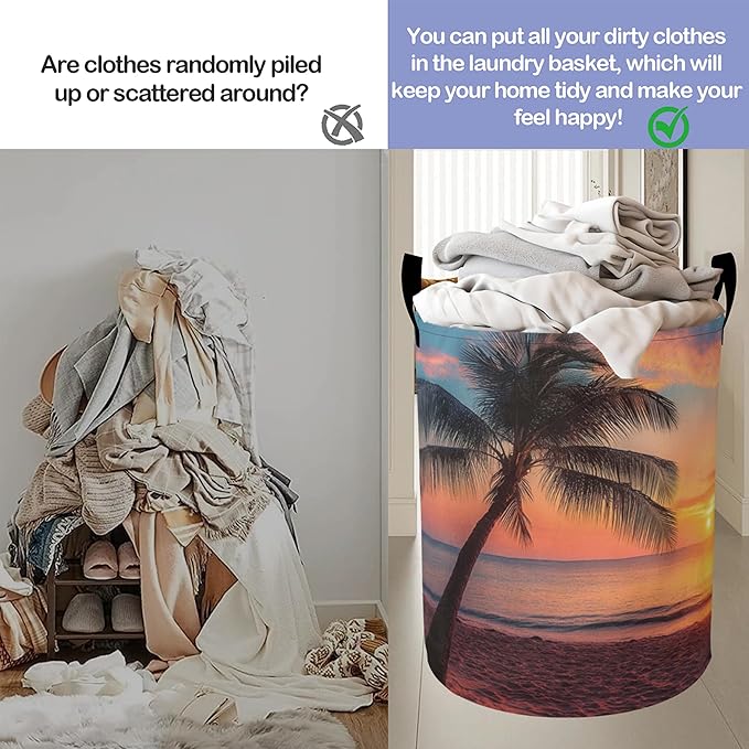 Laundry Basket, Sunset Beach Oxford Cloth Laundry Hamper With Handle Foldable Portable Clothes Storage Basket Storage Bag For Laundry Room/Bathroom/Bedroom/Dormitories