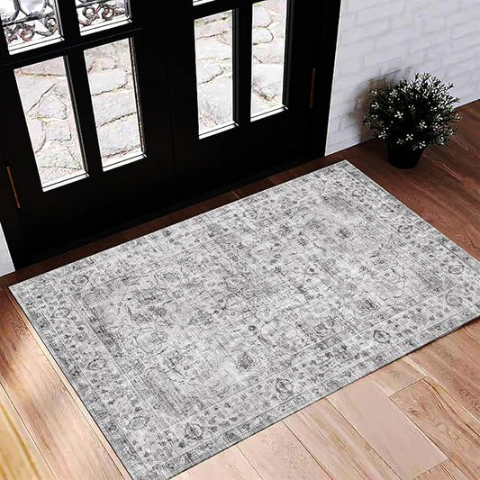 Washable Area Rug 2'x3' Door Mat Vintage Distressed Doormat Indoor Entrance Traditional Thin Rug Floral Print Non Slip Carpet for Kitchen Bathroom Bedroom Living Room