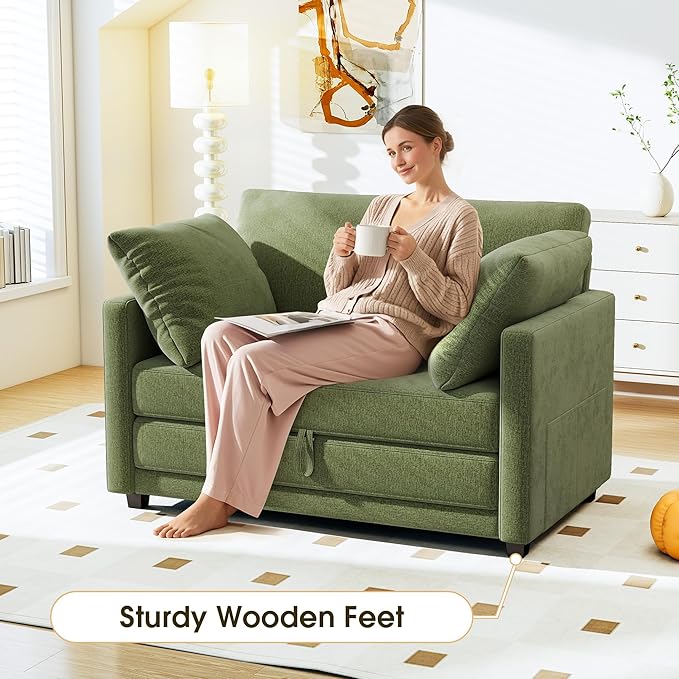 51" Convertible Loveseat Sofa Bed, 2 in1 Folding Sofa Bed, Loveseat Sleeper Sofa for Small Spaces, Fold Out Floor Couch with 2 Pillows for Apartment, Living Room & Guest Room, Green Chenille Fabric
