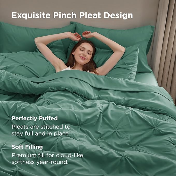 Bedsure Queen Comforter Set Graysih Green - Bed in a Bag Queen Size Bedding 7 Pieces, GentleSoft™ Pintuck Bed Set Gift for Family, Pinch Pleat All Season Comforter with Sheets, Pillowcases & Shams