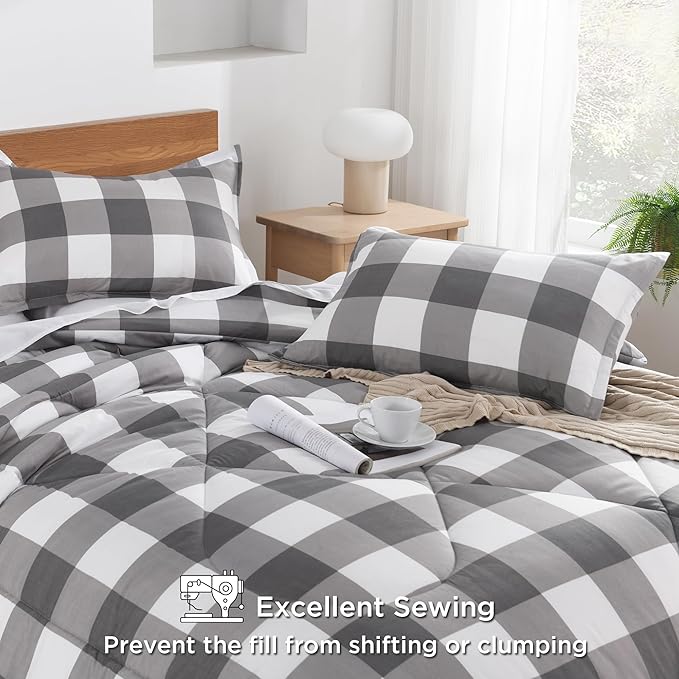 Andency Plaid Comforter Full(79x90Inch), Gray White Checkered Gingham Buffalo Bed Set for Boys Teens, Lightweight Bedding，3 Pieces(1 Comforter & 2 Pillowcases)