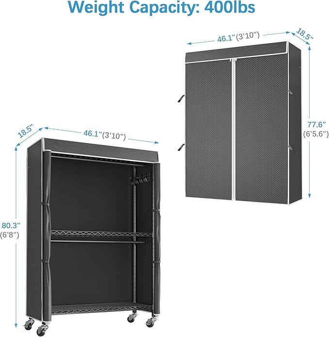 VIPEK R2C Plus Heavy Duty Rolling Garment Racks with Cover Clothing Rack for Hanging Clothes Portable Closet with Adjustable Wire Shelving & Double Rods, Black Rack with Black Upgarded Polyester Cover