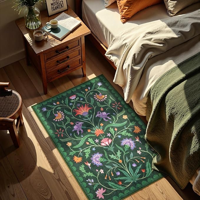 Lahome Boho Floral 2x3 Green Kitchen Rugs for Entryway, Washable Door Mat Indoor Entrance, Small Soft Non-Slip Indoor Carpet Throw Rugs for Bathroom Laundry(Forest Green,2x3)