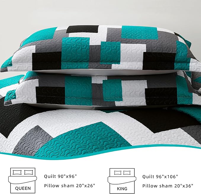 3 Piece Teal/Turquoise Grey Quilt Set King Size Black White Geometric Reversible Bedding Set Microfiber Lightweight Bedspread Coverlet with 2 Shams Modern Bed Covers for All Season, 106''x96''