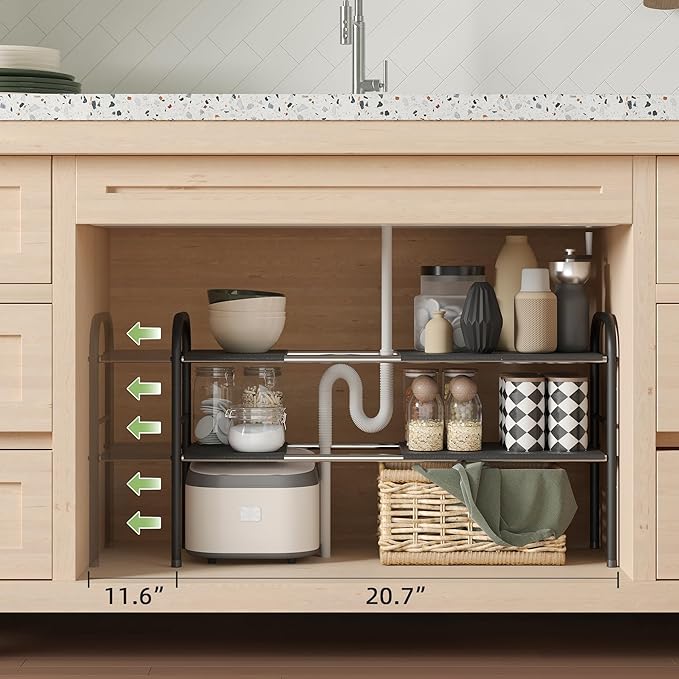 NETEL Under Sink Organizers and Storage, 2 Tier Expandable Under Cabinet Organizer Shelf with 8 Removable Panels,under sink shelf bathroom,Adjustable Shelf for Cupboard