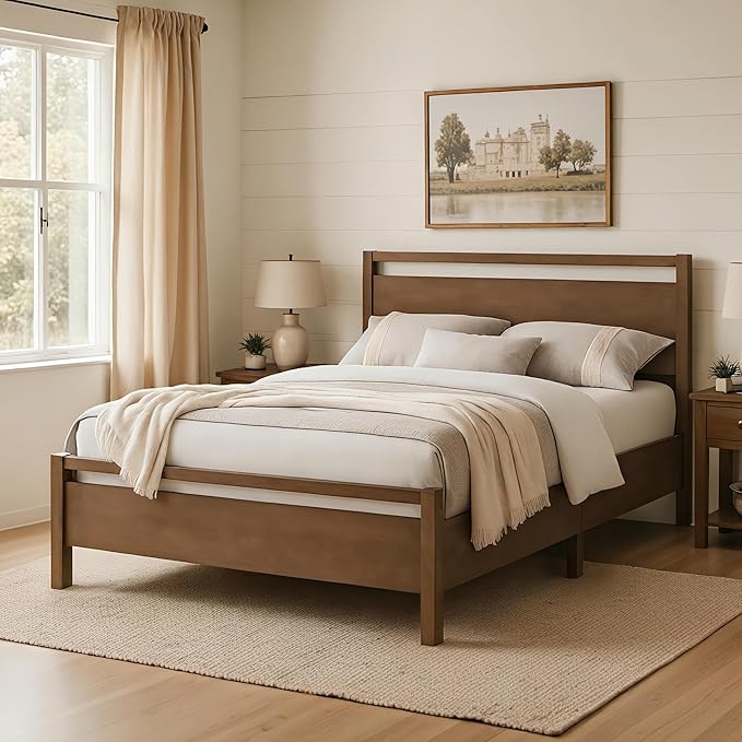 AMERLIFE Queen Size Solid Wood Bed Frame with Headboard, Minimalist Platform Bed with Wooden Slats Support/No Box Spring Needed/Easy Assembly/Noise-Free, Dark Brown