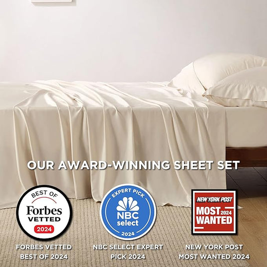 Bedsure Full Size Bed Sheets, Cooling Sheets, Rayon Derived from Bamboo, Breathable & Soft, Deep Pocket Up to 16 Inches, Hotel Luxury Silky Bedding for Hot Sleepers, Light Beige