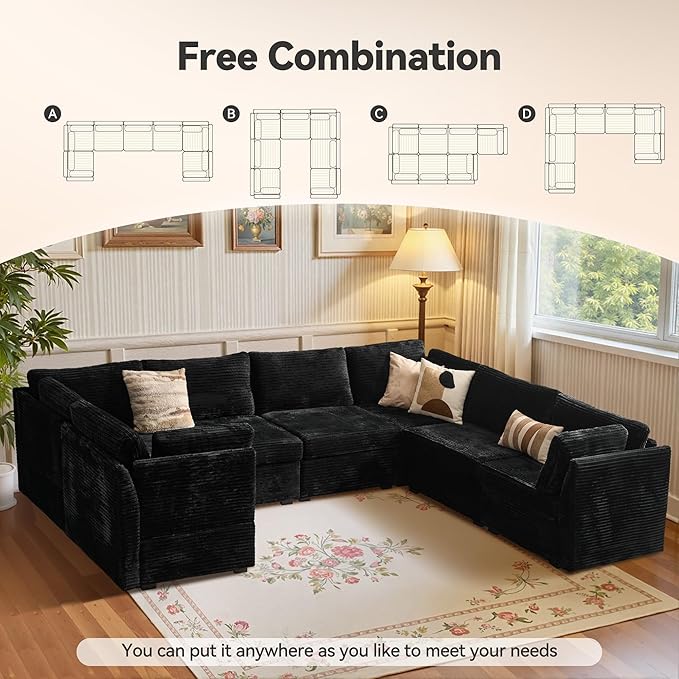 Large 7 Seat Modular Sectional Sofa with Ottoman Seat Corduroy Sleeper Sectional Sofa Bed Oversized Convertible Modular Couch for Living Room