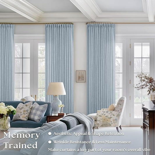 Extra Long Dusty Blue Linen Curtains 120 Inches Long Sky Blue Coastal Boho Farmhouse Curtain Light Filtering Semi Sheer Back Tab Pinch Pleat Curtain for Tall Ceiling Living Room Bedroom 2 Panels