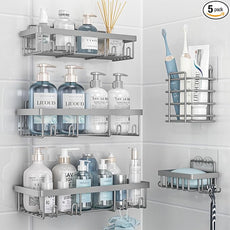 5 Pack Shower Caddy Organizer Rack Shelf for Inside Shower, Self Adhesive Bathroom Wall Storage Basket Rustproof Stainless Steel Large Capacity Shampoo Holder, Grey