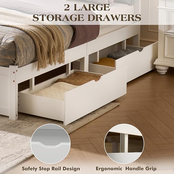 Queen Size Solid Wood Bed Frame with Storage, Mid-Century Modern Platform Bed with 50" Headboard & 2 Drawers, No Box Spring Needed/Quiet Support/Easy Assembly/Soft White Finish