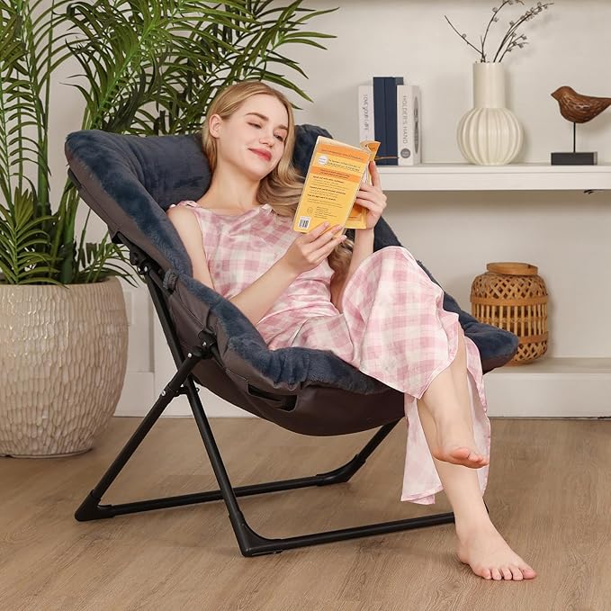 Comfy Saucer Chair for Adults, Soft Faux Fur Bedroom Chair, Accent Dorm Chairs, Flexible Living Room Reading Chairs, Oversized Folding Lounge Seat for Teens, X-Large, Navy Blue