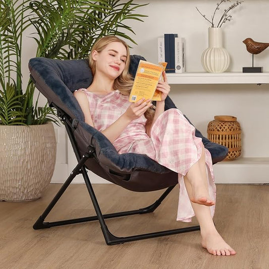 Comfy Saucer Chair for Adults, Soft Faux Fur Bedroom Chair, Accent Dorm Chairs, Flexible Living Room Reading Chairs, Oversized Folding Lounge Seat for Teens, X-Large, Navy Blue