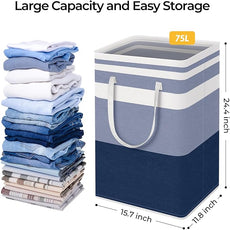 HomeHacks 2-Pack Large Laundry Basket, Waterproof, Freestanding Laundry Hamper, Collapsible Tall Clothes Hamper with Extended Handles for Clothes Toys in the Dorm and Family (Blue, 75L)