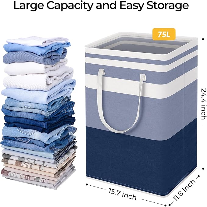 HomeHacks 2-Pack Large Laundry Basket, Waterproof, Freestanding Laundry Hamper, Collapsible Tall Clothes Hamper with Extended Handles for Clothes Toys in the Dorm and Family (Blue, 75L)
