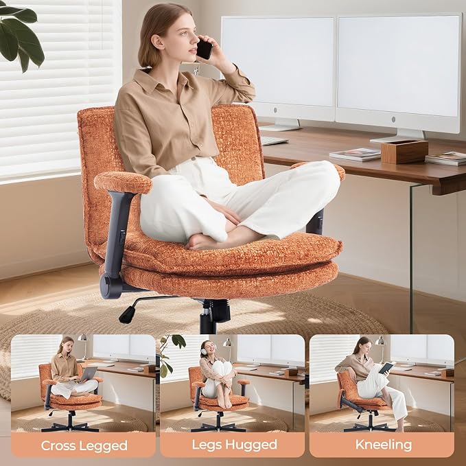 Criss Cross Chair with Flip-Up Arms and Lockable Wheels, Plush Fabric Cross Legged Office Desk Chair,Wider 125°Tilting Adjustable Swivel Computer Chair for Home, Apartment, Bedroom,Brown