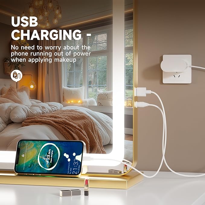 Hasipu Vanity Mirror with Lights, 22.8" x 18" LED Makeup Mirror, Lighted Makeup Mirror with Dimmable 3 Modes, Touch Screen Control Vanity Mirror Round Gold