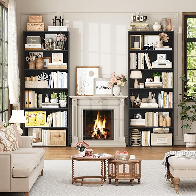 FOTOSOK 6-Tier Open Bookcase and Bookshelf Set of 2, Freestanding Display Storage Shelves Tall Bookcase for Bedroom, Living Room and Office, Black