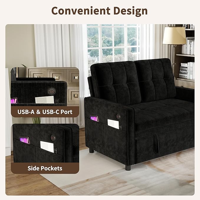 3 in 1 Convertible Sleeper Sofa Bed, Pull Out Couch with Charging Station, Corduroy Small Loveseat Sleeper Sofa with Adjustable Backrest for Apartment, Bedroom, Small Space（Black）