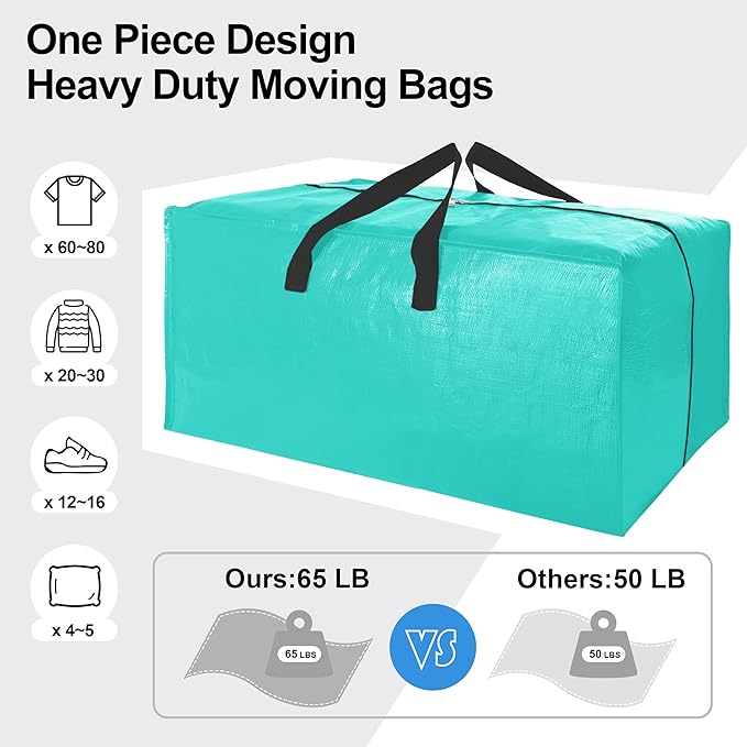 6 Pack Heavy Duty Large Moving Bags W/Backpack Straps - Strong Handles & Zippers, Storage Totes For Space Saving, Fold Flat, Alternative to Moving Box and Storage Bin, Aquamarine