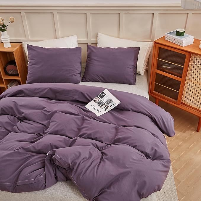 ECOCOTT Purple Duvet Cover California King Size - 100% Washed Cotton Durable Soft Comfy Duvet Cover Set, 3 Pieces Duvet Cover with Zipper Closure (Purple, 104''x98'')