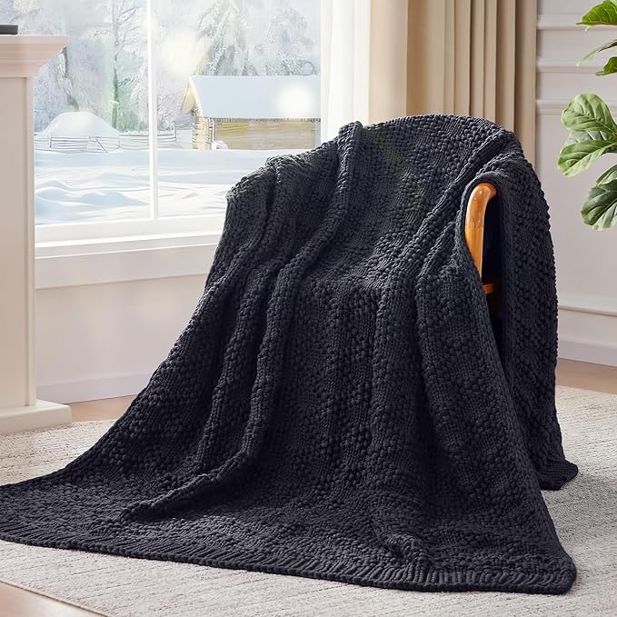 Knitted Weighted Blanket for Adult, Chunky Knit Weighted Throw for Sleep 60"*80" 12lbs, Cooling Breathable Machine Washable Heavy Blanket for Room Decor (Dark Grey, Queen)