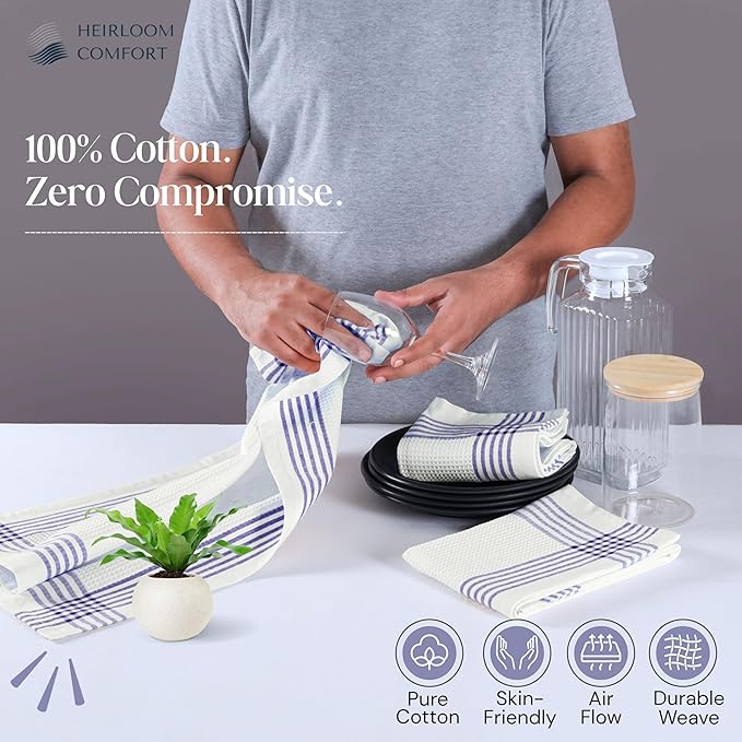 Indigo Blue and White Waffle Kitchen Towels 3 Pack, 16x26 Inch, 100% Cotton, Absorbent & Quick Dry Dish Towels, Soft & Durable Cloths for Cooking, Drying, Cleaning, Machine Washable