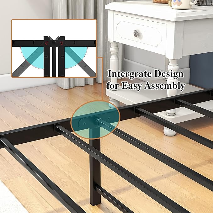 HOJINLINERO Queen Bed Frame with Storage Headboard/Power Outlets/USB Ports Charging Station,Metal Bed Frame Queen Size No Box Spring Needed,Under Bed Storage,Easy Assembly,Warm Grey