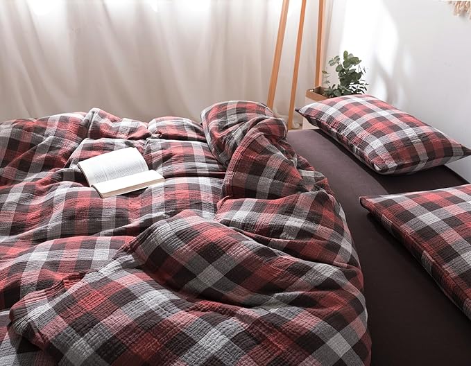 VM VOUGEMARKET Christmas Red Gingham Duvet Cover King Muslin Cotton Plaid Bedding Set Soft Breathable Linen Like Gauze Comforter Cover with Zipper Closure for Adults-3 Pieces,104"x90"