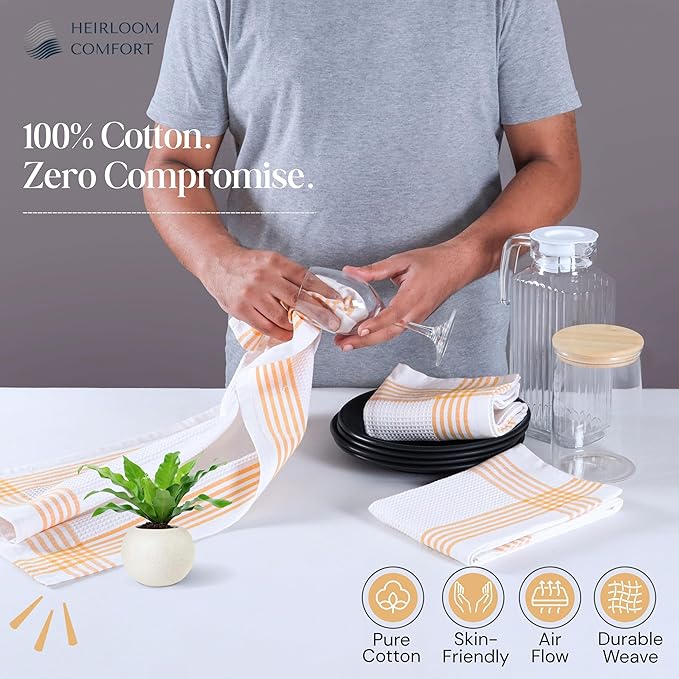 Mustard Yellow and White Waffle Kitchen Towels 3 Pack, 100% Cotton, 16x26 Inch, Super Absorbent, Quick Dry Dish Towels, Reusable & Soft Dishcloths for Kitchen Cleaning