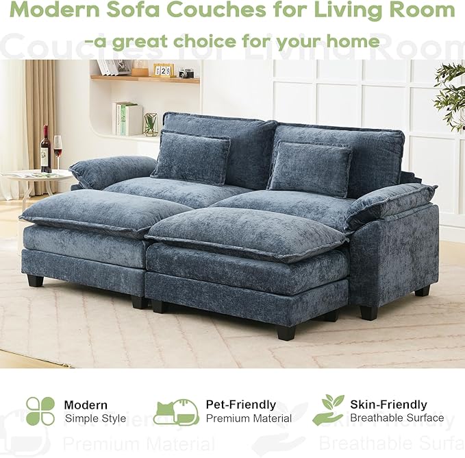 86" Modular Sectional Sofa, Comfy Cloud Couch Sectional Sofa with Ottoman, Chenille Sofa Sleeper Deep Seat Sofa with Throw Pillows for Living Room (Blue)