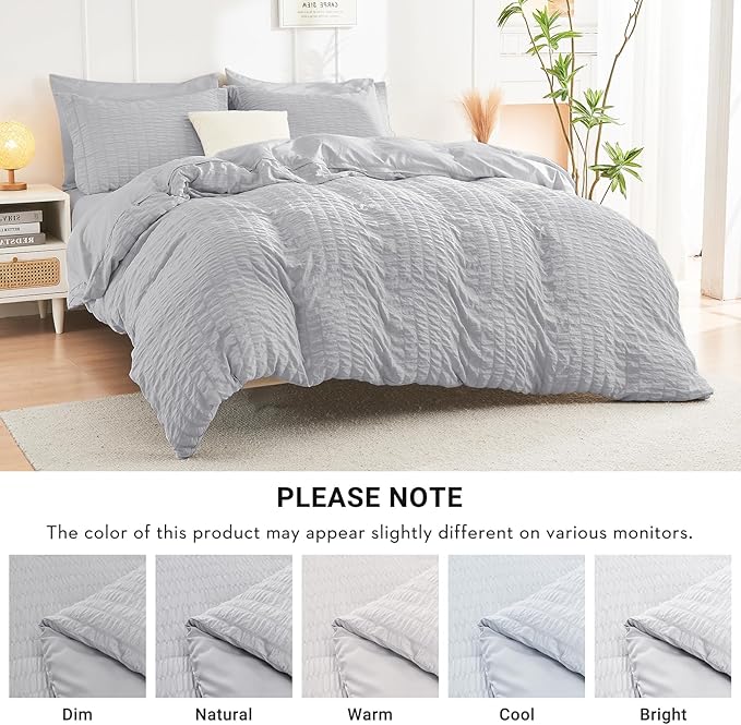 HYMOKEGE Light Grey Twin Comforter Set Seersucker 5 Pieces, All Season Luxury Bed in a Bag for Bedroom, Bedding Set with Comforters, Sheets, Pillowcase & Sham