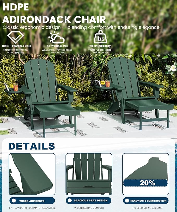 FOOWIN Folding Adjustable Adirondack Chair with Retractable Ottoman Set of 2, HDPE Adirondack Chair w/4 in 1 Cup Holder Trays,All-Weather Resistant Fire Pit Chair for Outdoor Patio Lawn, Dark Green