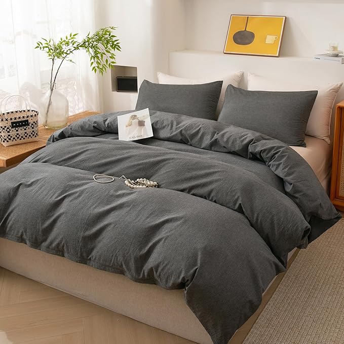 ECOCOTT 100% Washed Cotton Duvet Cover Super Queen Size – Soft & Breathable Linen Feel Bedding Set, 3 Pieces Grey Comforter Cover with Zipper Closure for All Seasons