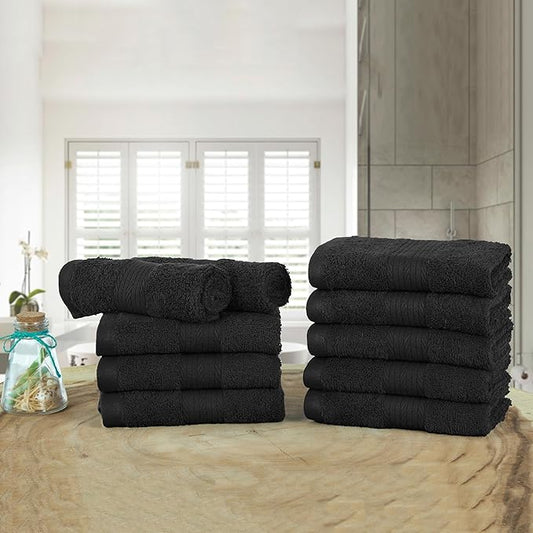 Ample Decor Wash Cloths Pack of 10, Oeko Tex Certified 600 GSM 100% Cotton Soft Absorbent, Premium Quality Durable Machine Washable, Ideal for Bathroom, Pool, Hotel, Spa – Black