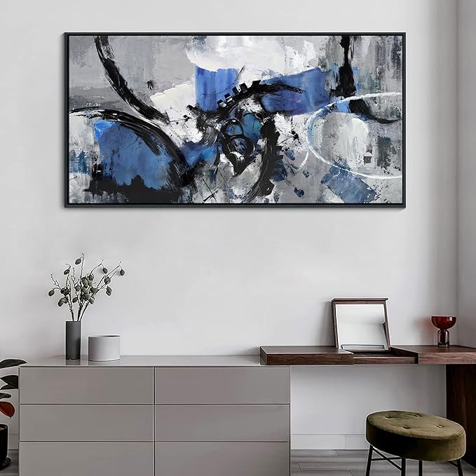 Blue Abstract Wall Art - Large Canvas Wall Art in Navy Blue and Black, Framed Gray Artwork for Living Room, Bedroom, and Office Decorations for Work - Modern Wall Decor and Pictures 30×60IN