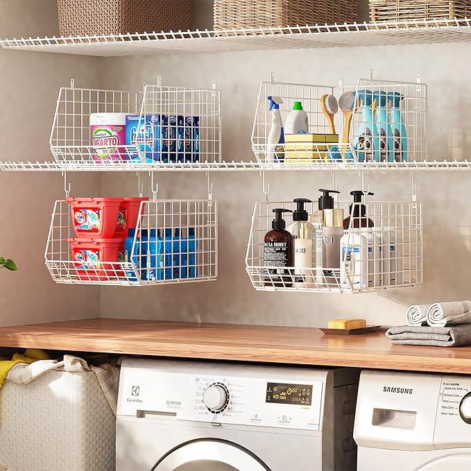 4" Extra Deeper Foldable Hanging Closet Organizer, Small Wire Cabinet Shelves and Storage with 5 S Hooks,4 Tier Metal Basket Bins for Clothes Sweaters Handbags, Wardrobe for Kitchen Laundry Room，White