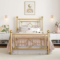 SHA CERLIN 14 Inches Twin Size Metal Platform Bed Frame/Vintage Iron-Art Headboard and Footboard/Mattress Foundation/No Box Spring Needed/Noise-Free/Easy Assembly/Gold