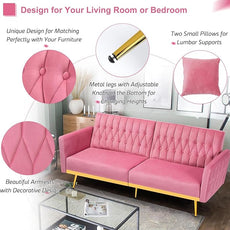 70” Velvet Futon Sofa Bed with 2 Pillows and Adjustable Armrests, Convertible Sleeper Bed, Modern Loveseat for Living Room, Bedroom, Pink