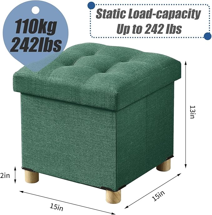 BRIAN & DANY 15 Inches Ottoman with Storage, Square Small Storage Ottoman Foot Rest with Legs, Ottomans Foot Stool for Dorm, Living Room, Entryway (Dark Green)