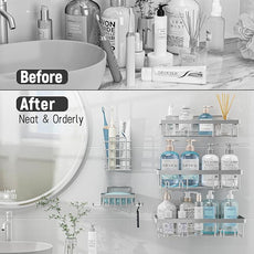 5 Pack Shower Caddy Organizer Rack Shelf for Inside Shower, Self Adhesive Bathroom Wall Storage Basket Rustproof Stainless Steel Large Capacity Shampoo Holder, Silver