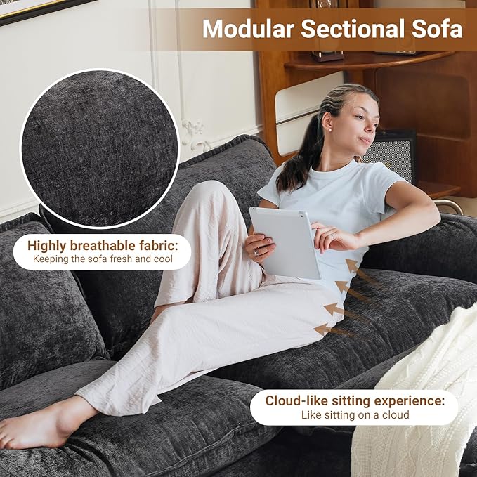 VINGLI 87" Convertible Sectional Sofa,L-Shape Deep Seat Sofa Couch for Living Room,Modern Chenille 2 Seat Loveseat Sofa with Ottoman for Small Space(Black, 87")