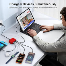 USB C Fast Charger 100W GaN 6 Port Type USB C Charging Station Hub Block Wall Charger Power Strip Adapter Plug Cube Brick 3 USB A for iPad iPhone16 15 14 13 12 11 Pro Max