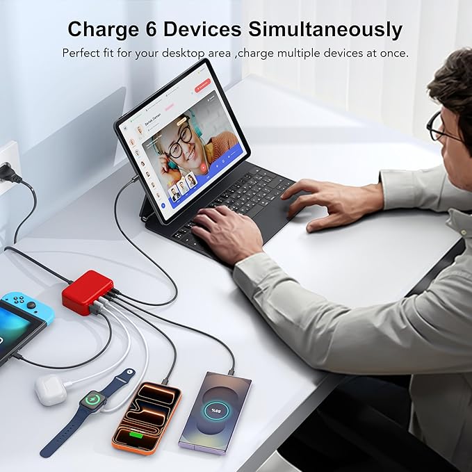 USB C Fast Charger 100W GaN 6 Port Type USB C Charging Station Hub Block Wall Charger Power Strip Adapter Plug Cube Brick 3 USB A for iPad iPhone16 15 14 13 12 11 Pro Max